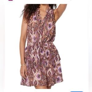 Evereve Beckett button front top Brown Purple Patterned Ruffle skirt Mini Dress